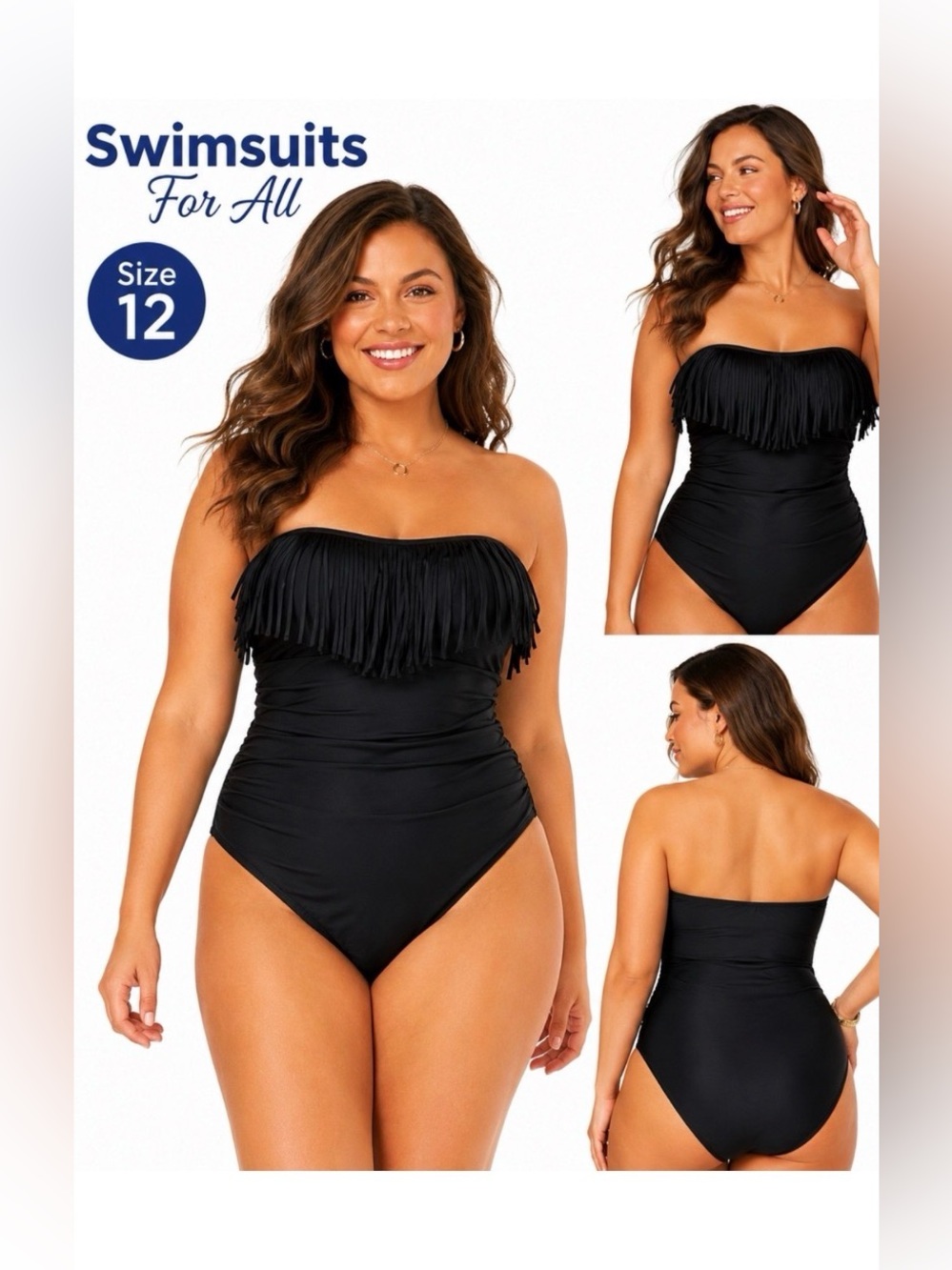 SWIMSUITS FOR ALL Black Fringe One Piece Swimsuit Size 12